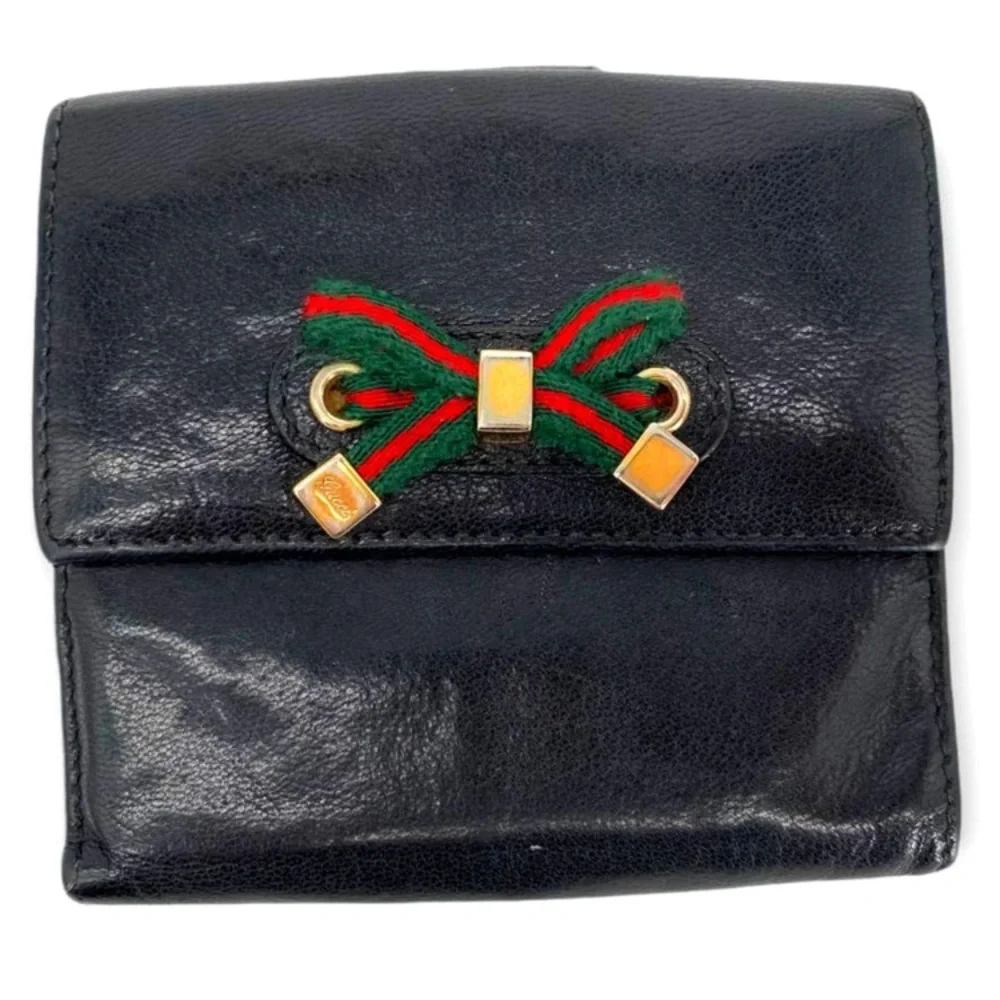 Gucci Black Leather Wallet with Red and Green Ribbon Bow